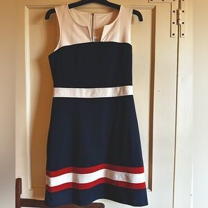 41 Hawthorn navy cream and orange color block knit dress